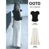 Conjunto de Saia e Blusa de Verão Feminino Novo, Manga Curta, Estilo Francês, Deslumbrante Saia Longa Cauda de Peixe para Mulheres Baixas