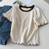 Foto Real Camiseta de Cor Contrastante Curta Feminina Manga Curta Verão Versátil Base de Orelha de Madeira Top Meia Manga Estação Europeia