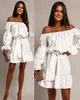 Vestido Casual Elegante de Color Sólido con Hombro Descubierto, Cintura Ajustada, Mangas Largas Estilo Linterna para Mujer 2026 Nuevo Estilo Amazon Transfronterizo
