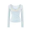 Camiseta Ajustada Estilo Puramente Sexy con Pliegues Cruzados y Manga Larga Ceñidora de Cintura para Mujer, Conjunto de Dos Piezas de Camisola con Parches de Encaje Primavera