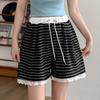 Calça de Maternidade Novo Estilo Renda Costurada Color Block Listrada Perna Larga Shorts Soltos Casuais Retos Shorts de Verão