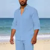 Nova Camisa de Linho Masculina de Manga Longa, Camisa Casual de Praia com Caimento Solto e Colarinho, Camisa Lisa de Manga Longa