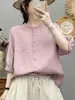 Verão Novo Estilo Manga Média Versátil Cardigã Liso Emagrecedor Algodão Linho Manga Meia Manga Camisa Top Feminino Gola Alta Design com Bolso