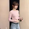Toma real: Camiseta de manga larga de color liso con cuello en U estilo coreano para mujer, top corto básico de otoño, top de moda 19712