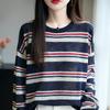 Suéter de Tricô com Gola Redonda Listrado Color Block Solto de Bambu e Linho Novo Estilo Verão 2025 Manga Longa Feminino Camisa Base
