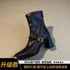 Botas altas de moda estilo británico con punta cuadrada, Botines cortos retro de tacón grueso estilo francés con cremallera trasera, Botas ajustadas de moda elásticas