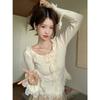 Cardigan de malha estilo francês Pure Lust Style Damasco para mulheres Outono 2024 Novo Slim Curto Spliced Lace Top