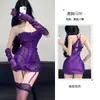 Bustier corsé de encaje morado, camisón, sexy cuello halter, falda corta transparente, conjunto de ropa interior para el hogar para mujer