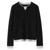 Otoño e Invierno Nuevo Nuevo Tejido de Punto de Cachemira 100 Pura para Mujer Tejido de Punto de Combinación de Colores Camiseta de Fondo Suelta de Cuello Redondo