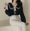 Chique Coreano Estilo Francês Primavera Temperamento Gola Grande Laço Gravata Design Manga Longa Solta Camisa Top