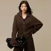 Suéter de Punto Cepillado de Lana Cachemira de Lujo Ligero para Mujer, Cuello Semi Alto, Chaqueta con Doble Cremallera, Cárdigan de Punto Holgado Otoño/Invierno, Grueso