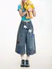 Pantalones Vaqueros Cropped Retro para Mujer, Nuevo Diseño de Verano con Bordado, Corte Holgado, Adelgazantes, de Cintura Alta, Pantalones de Pierna Ancha Fluidos, Tallas Grandes
