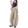Cós estiloso com cordão, barra com babados, calça pantalona, calça longa de corte solto, calça casual para mulheres, coleção de outono, cintura alta, cinza, caimento relaxado