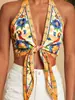 Top de tirantes estilo europeo y americano con estampado tropical, cuello halter de atar, espalda descubierta con profundo escote en V, sin mangas, atuendo para vacaciones en la playa para chicas calientes