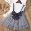 Conjunto de Verano para Niños 2026: Conjunto de Dos Piezas: Top Chaleco sin Mangas con Volantes y Tirantes de Lazo con Falda de Malla de Estrellas