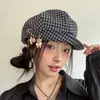 Chapéu Oitavado Cacheado Retrô Chapéu Britânico Artístico de Pintor com Xadrez de Primavera para Crianças Boina Plissada Xadrez Japonês