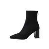 Botas Femininas de Camurça Slim Elásticas Botas de Cano Curto Estilo Coreano Outono/Inverno Bico Fino Zíper Traseiro Salto Grosso 7cm Botas Femininas Elásticas Curtas