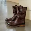 Versión de cuero, 5 cm de aumento de altura, color retro lavado, punta redonda, texturizados, botas de montar hasta la pantorrilla para mujer, nuevo estilo 2026