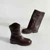 Fivela de Cinto da Moda Botas Emagrecedoras da Moda Estilo Europeu e Americano Botas de Cano Médio para Puxar Desmontáveis Botas de Couro com Salto Grosso para Aumentar a Altura Femininas de Verão