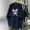 Camiseta de Manga Corta 100% Algodón Puro para Verano, Elegante y Personalizada, con Lindo Estampado de Gato de Dibujos Animados, Top Chic Adelgazante para Usar por Encima