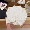 Camisa base de outer wear para meninas para outono e inverno, top interno versátil de gola semi-alta com bordas franzidas, camiseta para meninas