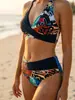 Bikini vintage floral de cintura alta transfronterizo con cuello halter, tiras cruzadas, traje de baño que disimula el abdomen para vacaciones en la playa, traje de baño de dos piezas