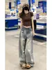 Jeans anchos rasgados estilo americano para mujer, primavera y otoño, aptos para personas petite, corte holgado, adelgazantes, de cintura alta, pierna recta, versátiles, pantalones de largo hasta el suelo