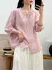 Verano 2026 Nueva Camisa de Moda para Mujer Estilo Chino de Lino con Bordado de Borde Crudo, Cuello Alto, Mangas Caladas, Corte Holgado