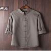 Camisa de linho de verão masculina, camisa solta casual de sete mangas, de algodão e linho, de manga média, top de linho, camisa de manga curta masculina