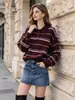 Suéter de Punto a Rayas Retro con Solapa para Mujer, Suéter Holgado de Bloques de Color con Cuello Polo, Fuente Mayorista para Transmisiones en Vivo de Ropa de Otoño e Invierno para Mujer