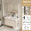 Gabinete de banheiro de alumínio com espaço de armazenamento lateral, adequado para banheiros pequenos, com cuba de cerâmica integrada e unidade de lavatório