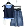 Conjunto de Verano para Niños Mayores 2026 Nuevo Modelo: Conjunto de Dos Piezas con Pantalones de Mezclilla Acortados de Pierna Ancha para Niñas, Estilo Ligero Estudiantil