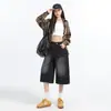 Calça Jeans Cropped Wide Leg Preta Estilo Americano para Mulheres, Nova Verão Vintage Cintura Alta Solta Emagrecimento Reta Casual Comprimento Médio