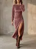 Vestido de Otoño Europeo y Americano Transfronterizo para Mujer con un Diseño de Moda de Alta Gama, Estilo de Nicho, Ceñido a la Cintura, Vestido de Terciopelo con Cuello Redondo para Mujer
