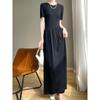 26 Novo Estilo de Verão Vestido Tricô Curvo de Bambu e Seda Gelada para Mulheres, Comprimento Médio Manga Curta Acima do Joelho Vestido Base, Vestido Casual Emagrecedor
