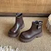 Botas de Moda para Niñas Otoño Invierno Nuevo Estilo Coreano Botas Martin Estilo Británico para Niños Zapatos para Niños Doble Algodón Marrón Botas de Cuero Ajustadas