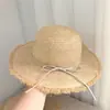 Nuevo sombrero de paja de verano para mujer estilo francés con bordes deshilachados, sombrero de rafia hecho a mano con lazo, sombrero de playa de ala ancha para protección solar