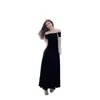 668 # Vestido negro de dos piezas fuera del hombro para mujer, 2026 vestido largo de alta gama elegante fuera del hombro que marca la cintura, vestido sin tirantes