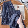 Pantalones de Lino Rayados Azul Marino de Pierna Ancha para Mujer, Estilo Delgado, Nuevo Modelo Verano 2026, Pantalones Casuales Fluidos de Algodón Lino Tencel