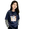 Camiseta de manga larga para niña, algodón puro, estilo primavera y otoño, versión coreana, holgada, sencilla, casual, cuello redondo, camiseta básica para niños, imitación de dos piezas