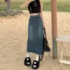 Saia Midi Jeans com Fenda Feminina Verão Nova 2025 Explosões Cintura Alta Cintura Ajustável Senso de Design Linha A Saia de Quadril