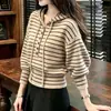 Suéter de Punto con Capucha de 26 Rayas para Mujer Otoño de Gama Alta Versátil Adelgazante Jersey Superior Capa Base Estilo Casual Holgado