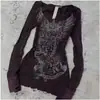 Ropa Retro Vintage Americana 2025 Principios de Otoño Réplica Chica Popular Estampado de Flores de Rosa Cuello Redondo Manga Larga Camiseta
