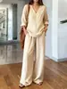 2026 Nuevo Conjunto de Mujer Transfronterizo Europeo y Americano Ropa Casual Suéter de Cuello en V Manga Larga Pantalón Largo Algodón Lavado Multicolor