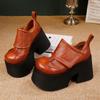 Sapatos Plataforma de Couro Genuíno com Solado Grosso para Mulheres 2025 Outono e Inverno Novos Sapatos de Couro Bovino Puro para Aumentar a Altura Tênis Baixos com Velcro de Boca Profunda