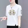 Comercio Exterior Transfronterizo Nuevo Estilo Chino Ropa para Mamá Camiseta de Manga Corta para Mujer de Mediana Edad Holgada Talla Grande Top de Media Manga para Mujer