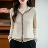 Cardigan de Tricô Color Block com Gola Azul Marinho 100% Lã Feminino, Primavera e Outono, Emagrecedor, Versátil, Peça de Roupa Casual