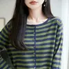 Cárdigan de punto a rayas estilo francés para mujer de principios de otoño, fino, cuello redondo, abotonado, adelgazante, versátil y con un estilo relajado y casual