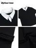 Camiseta Patchwork de Cuello de Camisa Falso de Dos Piezas Estilo Retro Americano Solona Marca de Moda Diseño Unisex Top Casual de Manga Corta