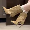 Botas Ajustadas 2026 para Mujer, Estilo Francés, Otoño/Invierno, Punta Fina, Marrón, Botines, Botas Cortas, Tacones Altos de Nicho, Botas Color Nude